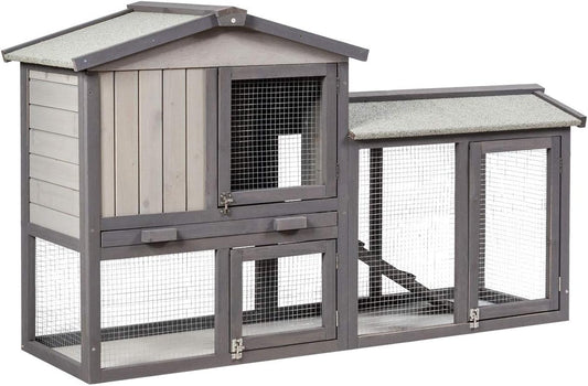 Rabbit Hutch Indoor and Outdoor, 58-Inch Bunny Cage with Removable Tray & Ramp, Wood Chicken Coop with Waterproof Roof for Rabbits, Chicken and Guinea Pigs (Gray)