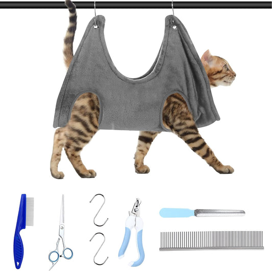 Pet Grooming Hammock for Cats & Dogs, 8 in 1 Cat Grooming Hammock with Nail Clippers/Trimmer/Nail File/Comb, Grooming Restraint Sling for Small Medium Cats & Dogs, Pet Dry Towel